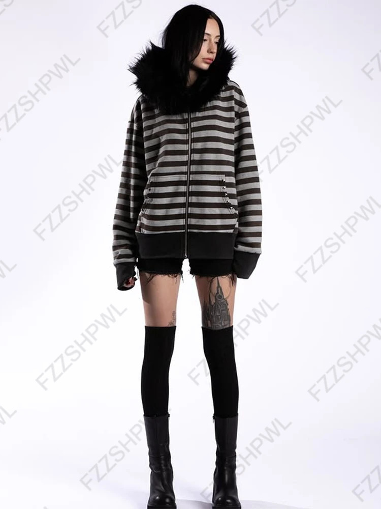 Gothic punk grunge fur collar hoodie unisex striped diamond zipper sweatshirt 2000s Harajuku aesthetic hip hop streetwear 251028