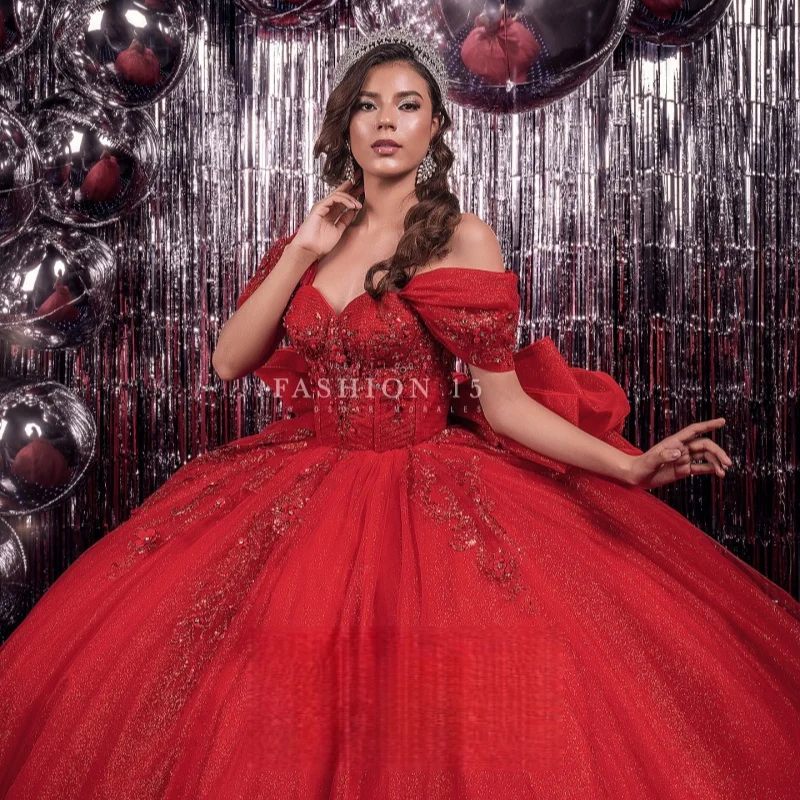Red Shiny Ball Gown Quinceanera Dresses Off The Shoulder Sequin Applique Lace Bow Beads Corset Tull Party Birthday Sweet 16 Dress