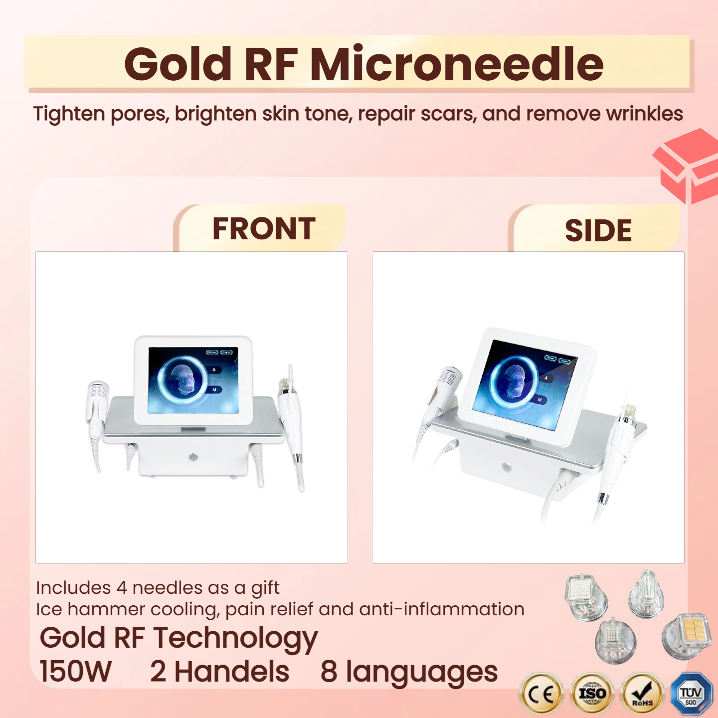 Gold RF Microneedle Radio Frequency Wrinkle Removal Skin Tightening Machine Skin rejuvenation Wrinkle Removal Acne Mark Removal Scar Removal Shrink Po