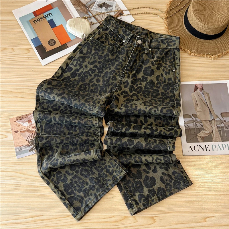 Casual Loose Womens Jeans Retro American Style Leopard Print n Straight Leg Pants Workwear Fashion Winter Womens pants 251029