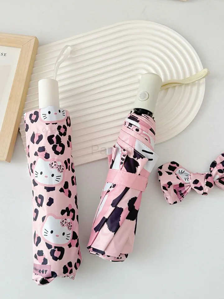 Sanrio Cartoon Sanrio Hello Kitty Umbrella Kawaii Automatic Uv Protection Sun Protection Cute Pink Leopard Print Folding Umbrella L251029
