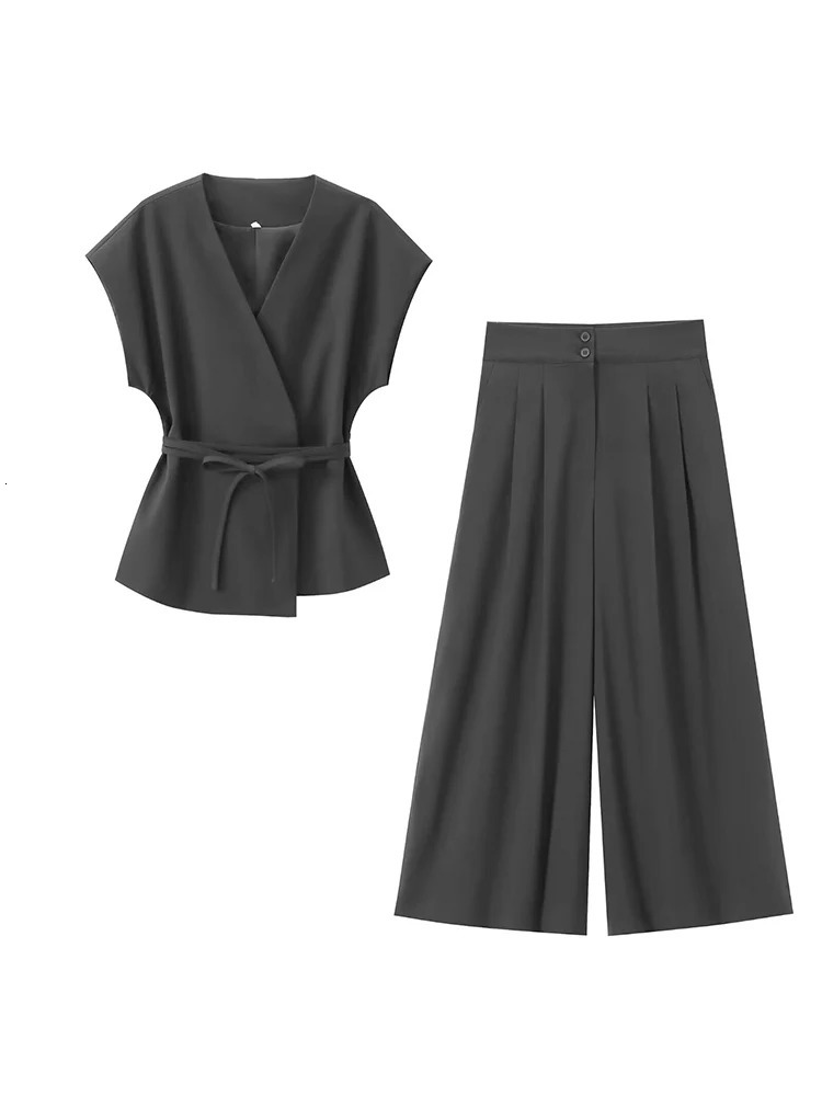 TFMLN Fashion Womens Trouser Suits Sleeveless VNeck Top With Belt Straight Pants Sets 2025 Spring Summer 2 Piece Set 251013