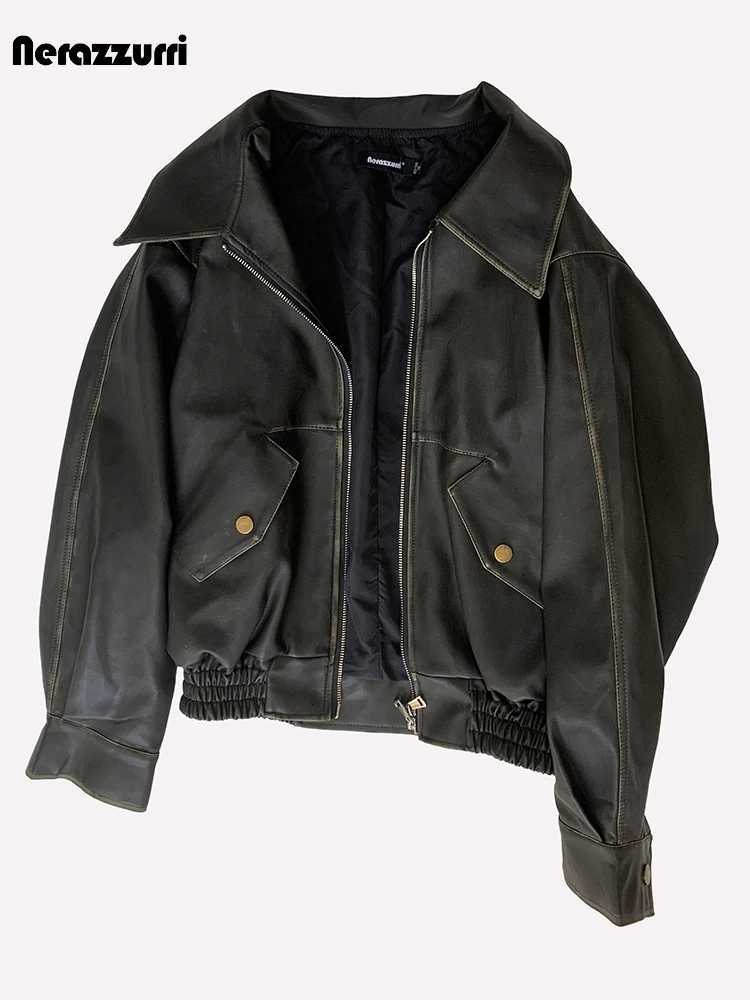 Nerazzurri Spring Autumn Short Washed Distressed Black Faux Leather Jacket Men Turndown Collar Luxury Designer Emo Clothes 2024T251029