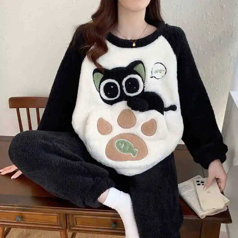 Panda Cartoon Warm Sleepwear Womens Pajamas With Pants Set Lovely Cute Pajama Female Flannel Long Sleeve 2 Pieces Home SuitT251029