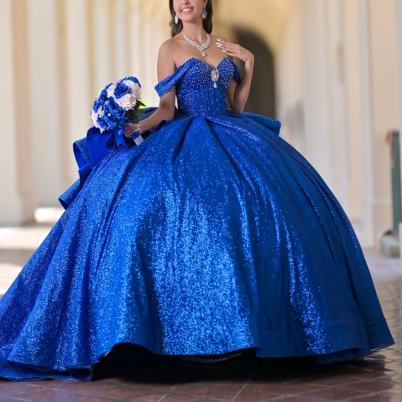 Royal Blue Shiny Ball Gown Quinceanera Dresses Off The Shoulder Beads Bow Tull Party Birthday Sweet 16 Dress Vestidos 15 Anos