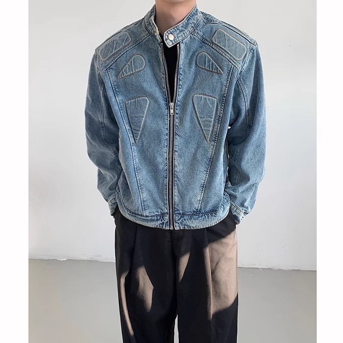 Korean Style Niche Short Three-dimensional Deconstructed Padded Shoulder Denim Jacket For Men Loose Fit Handsome Stand Collar Designer Jacket Motorcyc