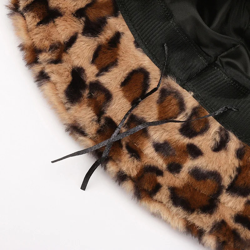 WomenS Leopard Print Plush Bucket Hat Adjustable Lightweight Winter with Fluffy Faux Fur Trim Casual Stylish 251013