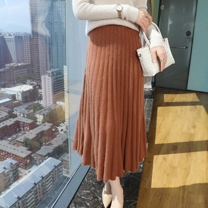 Autumn And Winter Fashion Mink Cashmere Mid Length High Waist Skirt For Women Knitted Umbrella Skirt Fashionable Pleated Skirt 251028