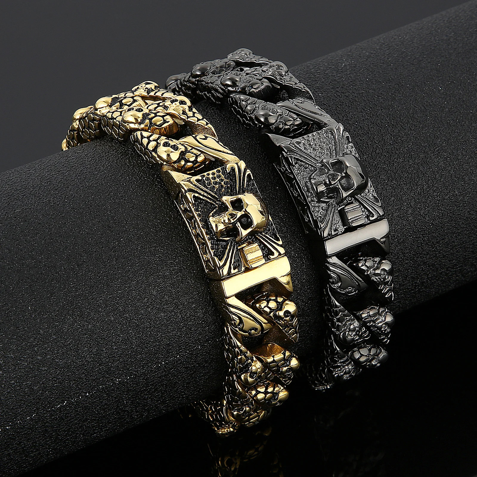 Fongten Gothic Mens Bracelets Stainless Steel Skull Franco Curb Chain Bracelet For Men Multiple Color Skeleton Armband Jewelry 251028