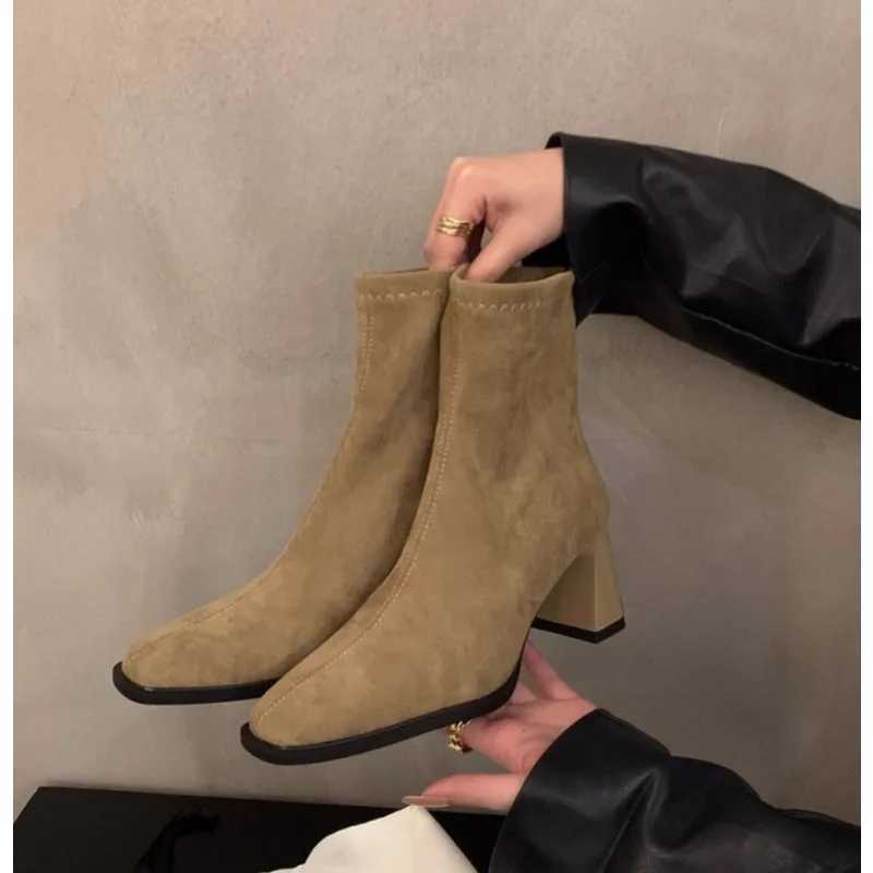 Vintage Women Ankle Boots 2025 Fashion Square Toe Thick High Shoes Autumn Winter New Ladies Elegant Stretch Slim Short Booties Z251029