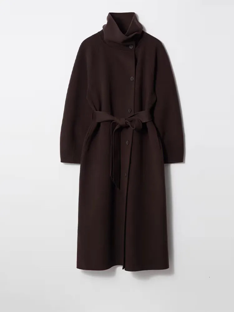 Retro Solid Stand Collar Long Tweed Coat Women Fashion Large Lapel Single Breasted Coats With Belt Lady Chic Street Outwear 251028