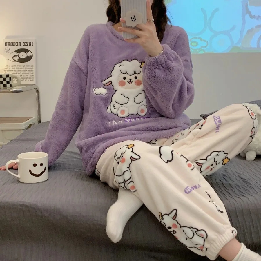 Autumn Winter Flannel Lounge Sets Womens Cute Sheep Printing Princess Home Wear Round Neck Long Sleeve Two Piece Set 251029