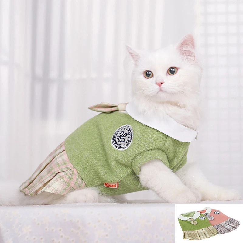 Cat JK Sweater Dresses Pet School Uniform Puppy Spring Autumn Outfit Soft Knitted Skirt Shirts for Cat Rabbit Small Medium Dogs 251029