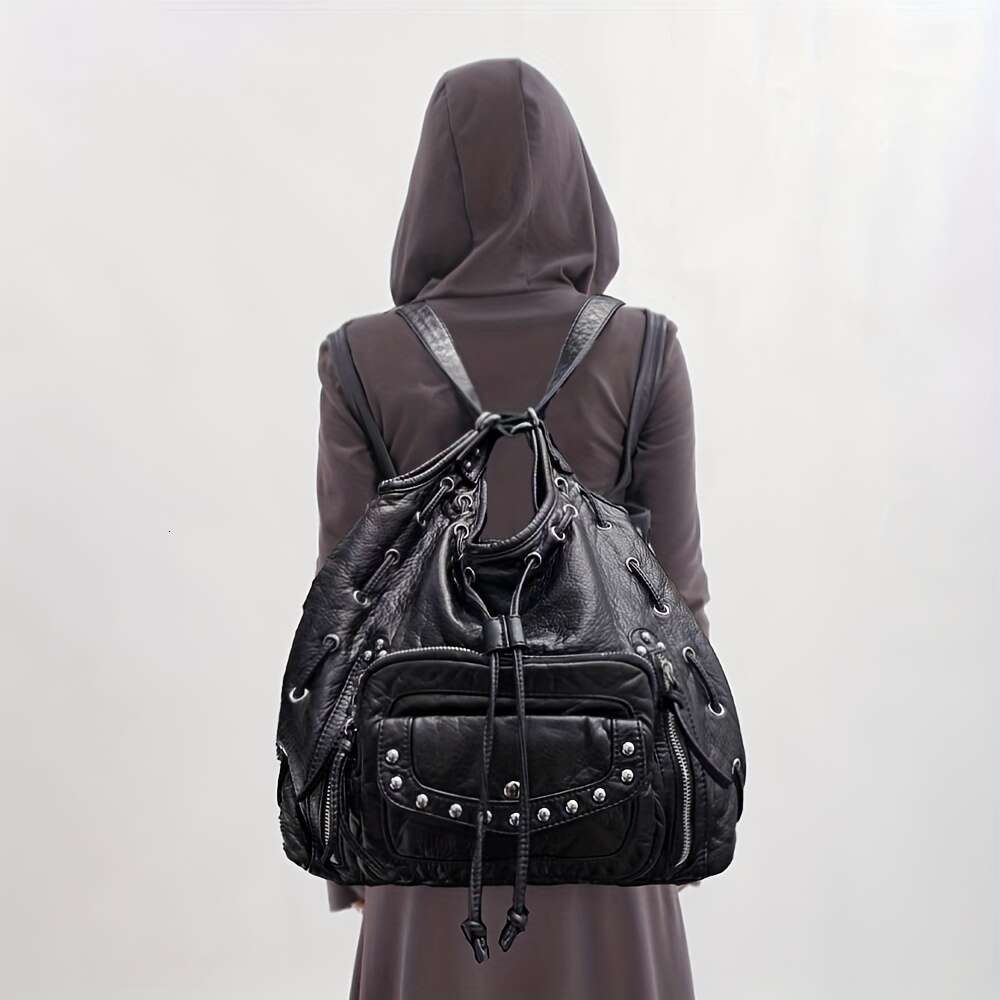 Large Capacity Crossbody Retro Purse With Multiple Zippered Pockets, Detachable Strap Edgy Gothic Handbag Women, Vegan Synthetic Leather