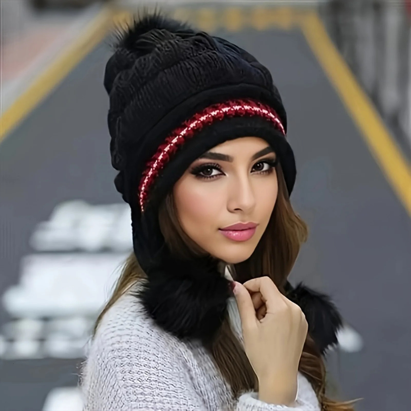 Soft Winter Warm Fur Hat Fleece Lined Earflap Hat For Women Knitted Beanie Casual Slouchy Thick Thermal Cap For Cold Weather 251029