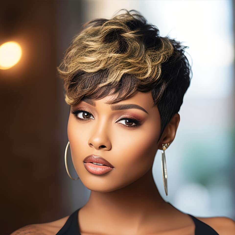 Women's Remy Peruvian Wig With Bangs - Layered Short Straight Pixie Cut, Natural Brown Balayage Highlights 1B/30#, Density Full Head