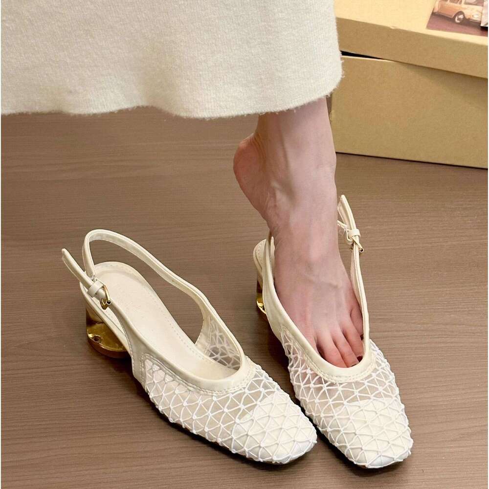 Modern Heroine Temperament Square Toe Designer Shoe Women's 2025 Spring New French Style Woven Backless Crystal Chunky Heel Non-Slip Single Shoe