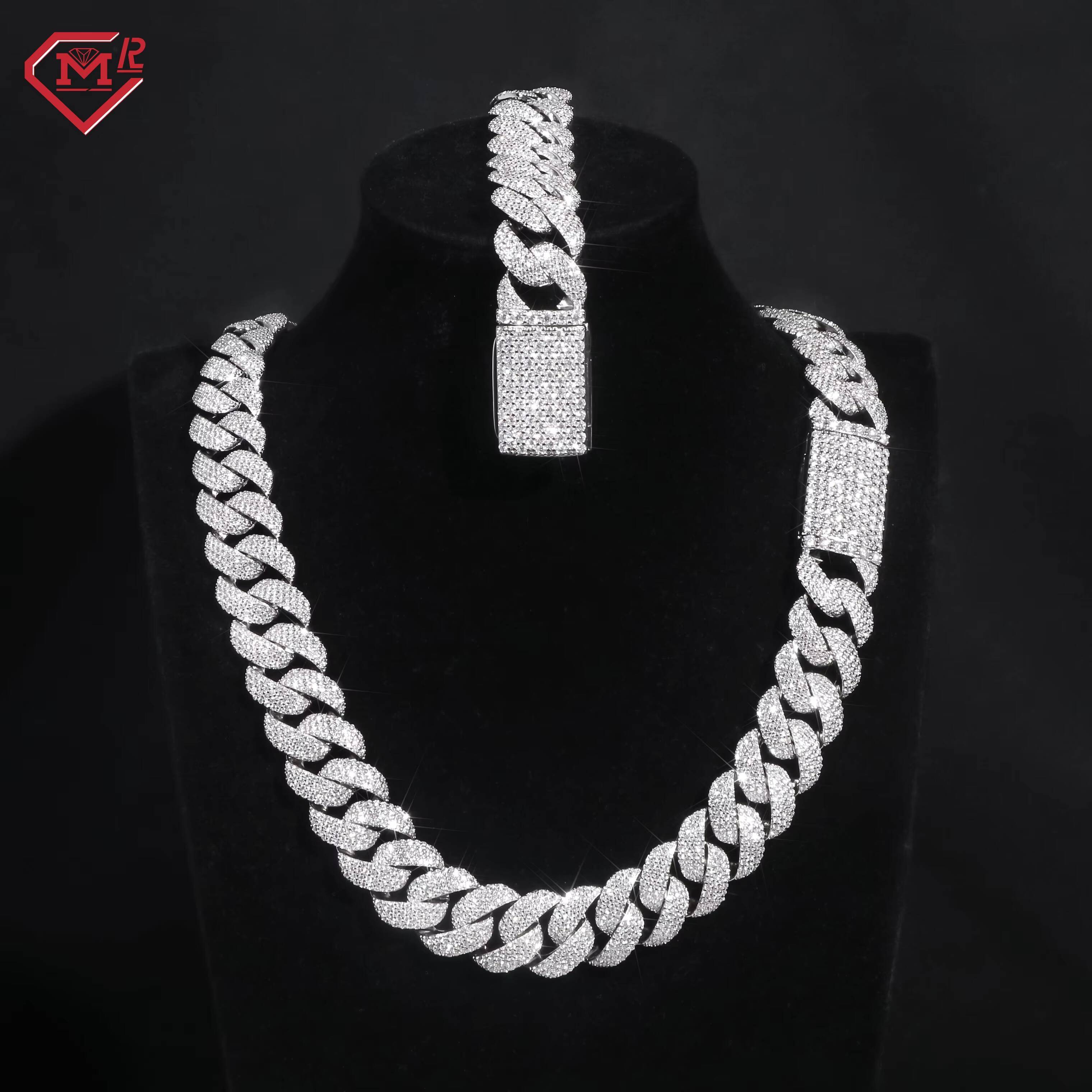 Pass Testes Diamond Moissanite Cuban Miami 925 Silver 20mm Buss Down Hiphop Jewelry Moissanite Cuban Chain