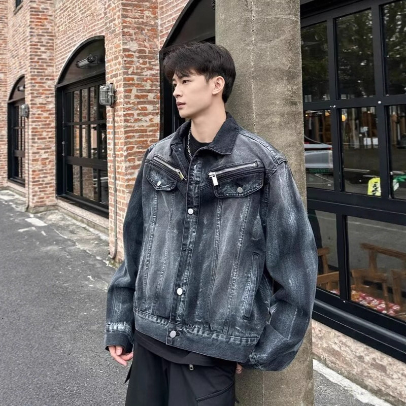 American Heavy Washed Denim Jacket For Men Spring And Autumn Vibe Designer Jacket Trendy Brand High Street Loose Fit Niche Punk Coat