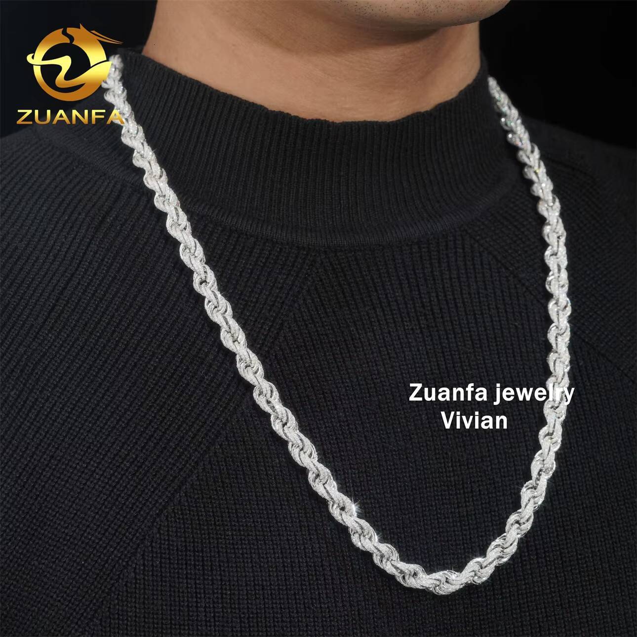 Hip Hop 10mm 925 Sterling Silver Necklace With Moissanite Clasp Iced Out Rope Chains for Menwomen