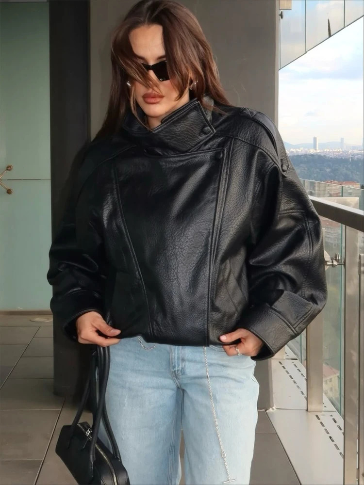 Trendix Solid Leather Moto Jacket For Women 2025 Winter Turtleneck Retro Coats Fashion Asymmetry Elegant Vintage PU Jackets 251029