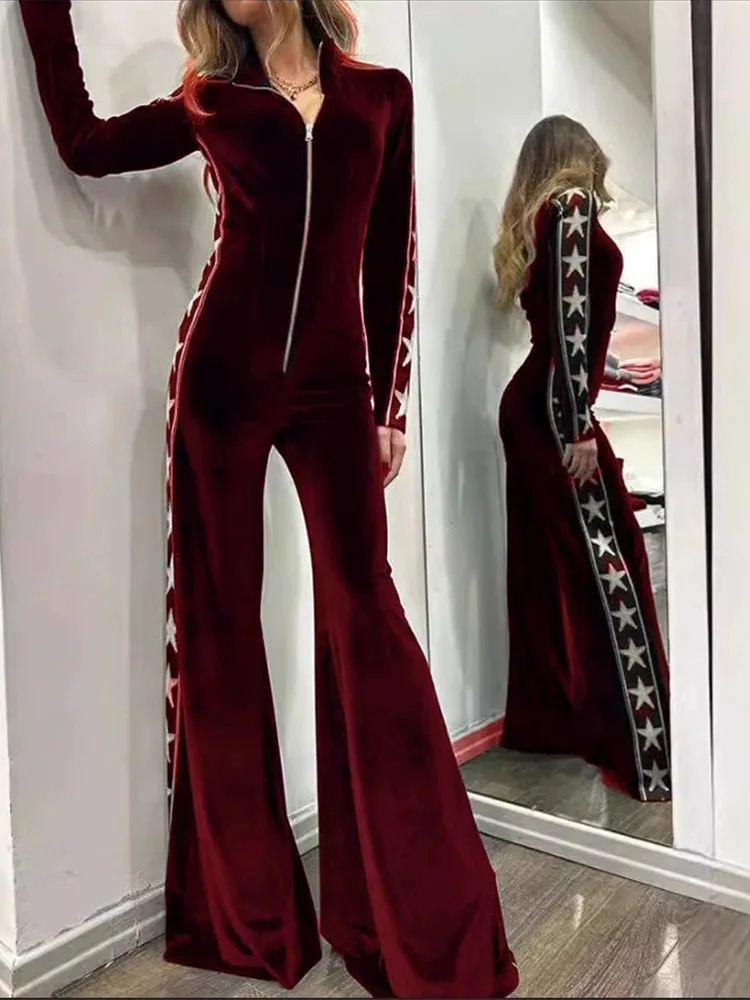 Lady Fashion Hight Waist Slim Velvet Romper Casual Long Sleeve Print Splicing Jumpsuit Elegant Vneck Zipper Solid Playsuit 251028