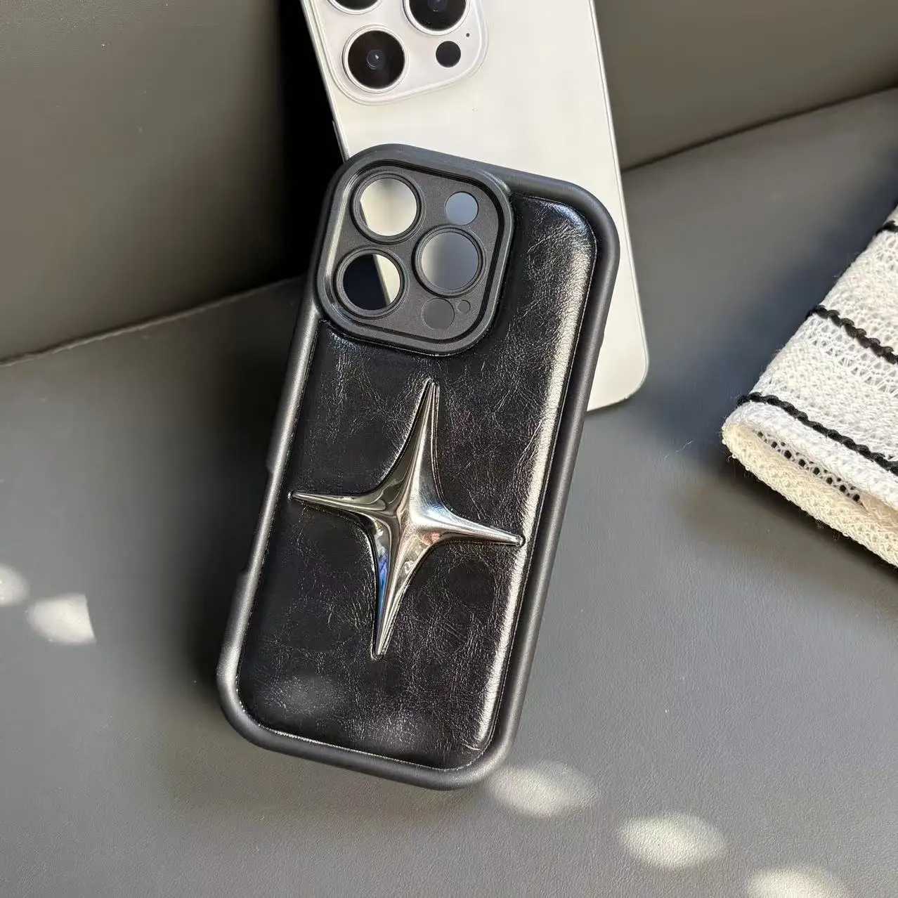 Luxury Metal Star PU Leather Phone Cover Case For iPhone 16 15 14 13 12 11 Pro Max Shockproof Protective Men Wen Stylish Cases H251029