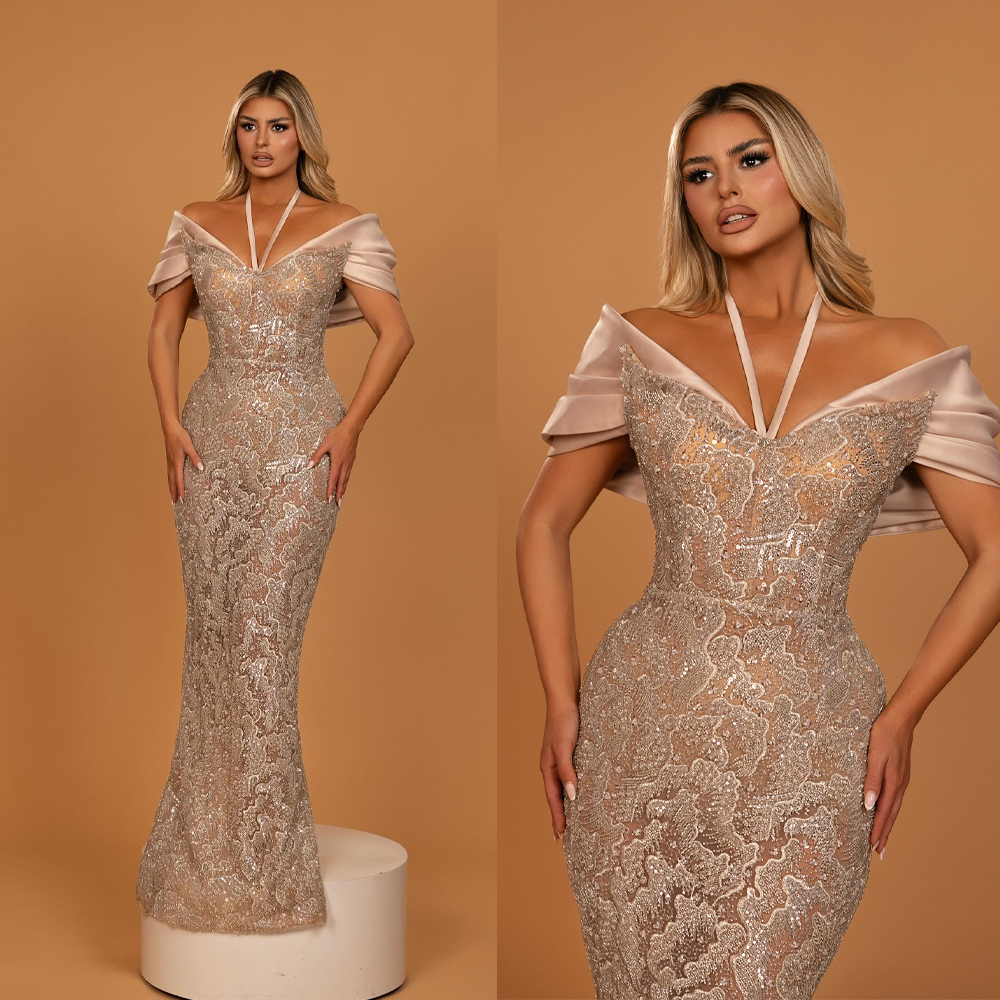 Stylish Sequins Evening Dresses Halter Prom Gown Illusion Princess Sweep Train Mermaid Party Dress Customized Vestidos de noche Plus Size
