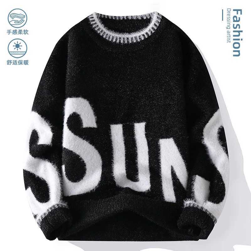 Mens Knitted Sweater with Letter Pattern Retro Design Oneck Loose Fit Autumn Winter Warm Casual Top High Street Style Sweater J251029