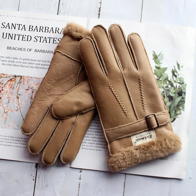 Sheepskin Fur Gloves Mens Thick Winter Warm Large Size Outdoor Windproof Cold Hand Stitching Sewn Leather Finger Gloves 251029