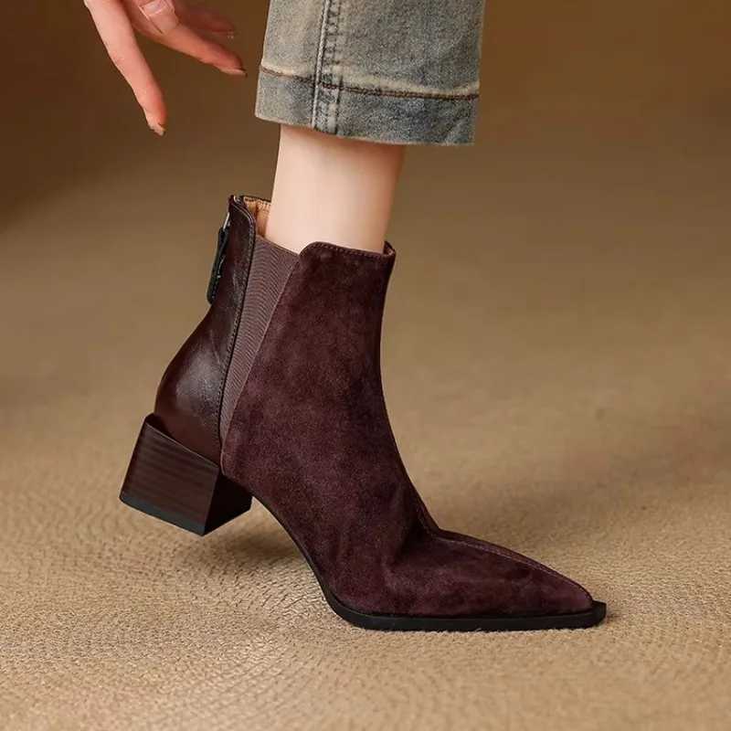 Autumn Winter Women Thick Heel Ankle Boots Elegant Back Zippers Shoes Modern Leather Suede Splicing Short Botas Para Mujer Z251029