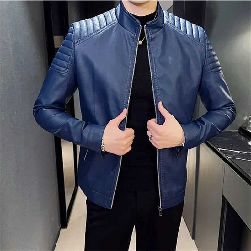 2023 Autumn Winter Leather Jacket Men Slim Casual PU Coat Moto Biker Stand Collar Solid High Quality Korean Leather Jakcets ManT251029