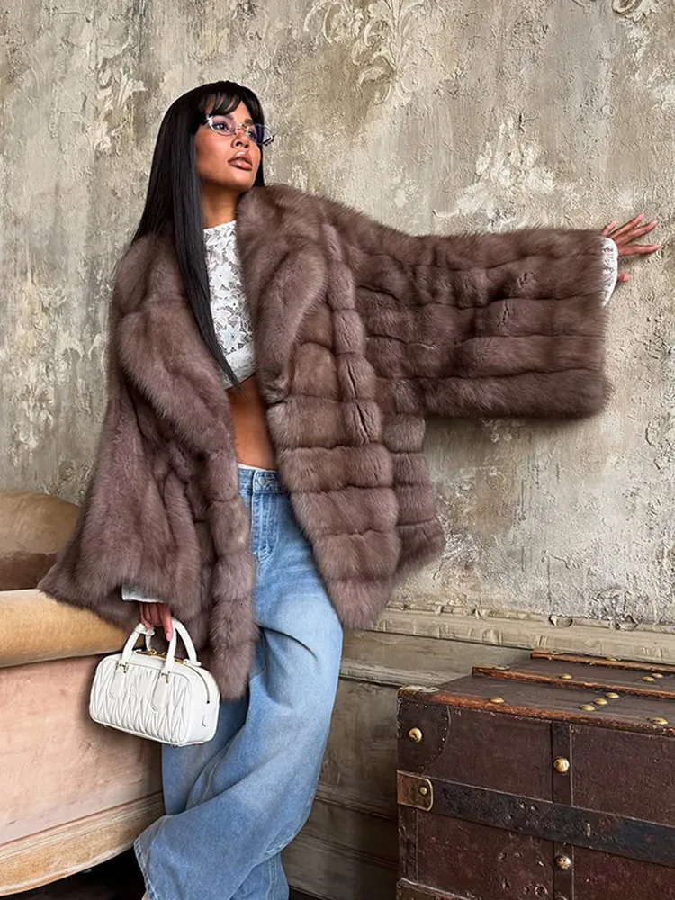 Winter Warm Faux Fur Jackets Women Fashion Loose Pleated Coats Chic High Street Female Long Sleeves Fluffy Lapel Outerwears 251028