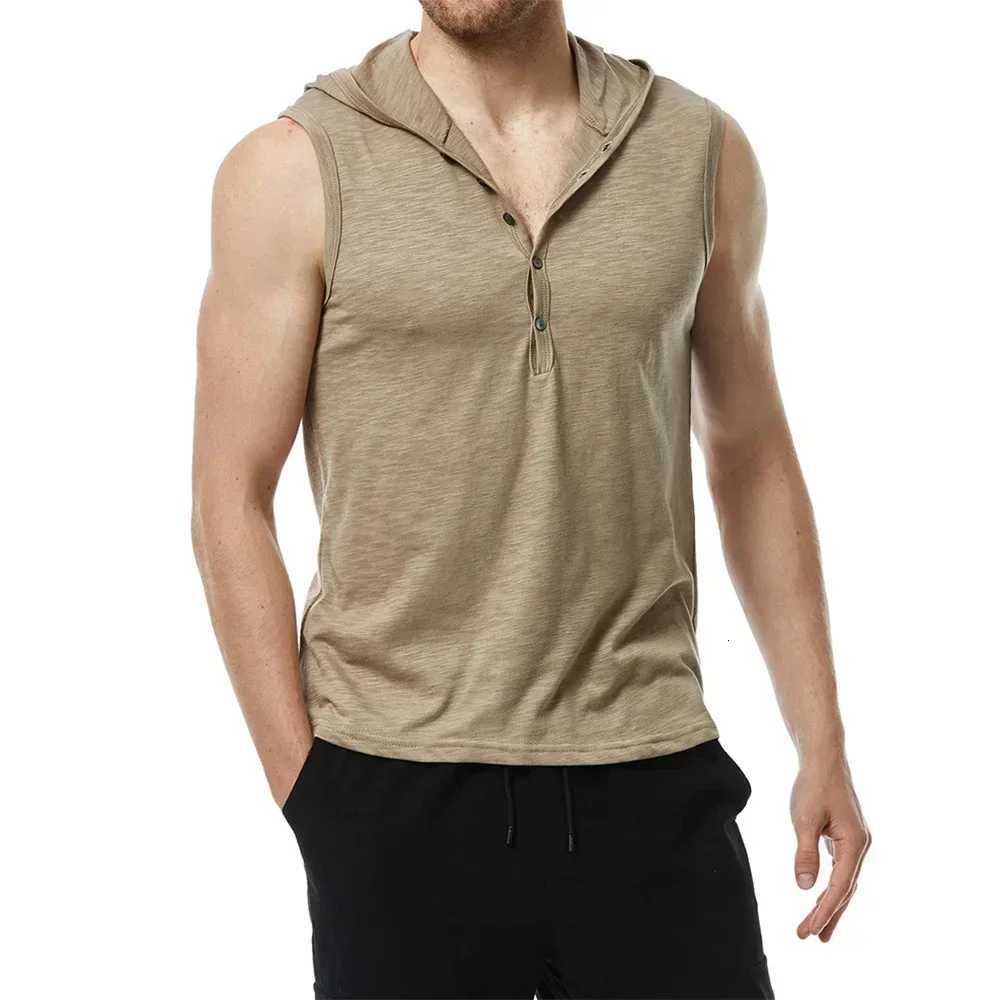 Men Cotton Hooded Tank Solid Color Half Button Sleeveless Tshirt Solid Color Breathable Lightweight Fashion Casual Vest W251029