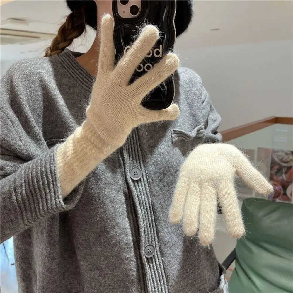 Striped Thermal Knitted Gloves Rabbit Fur Thickened Autumn Winter Warm Gloves Cold Resistant Windproof Split Finger Long Gloves 251029