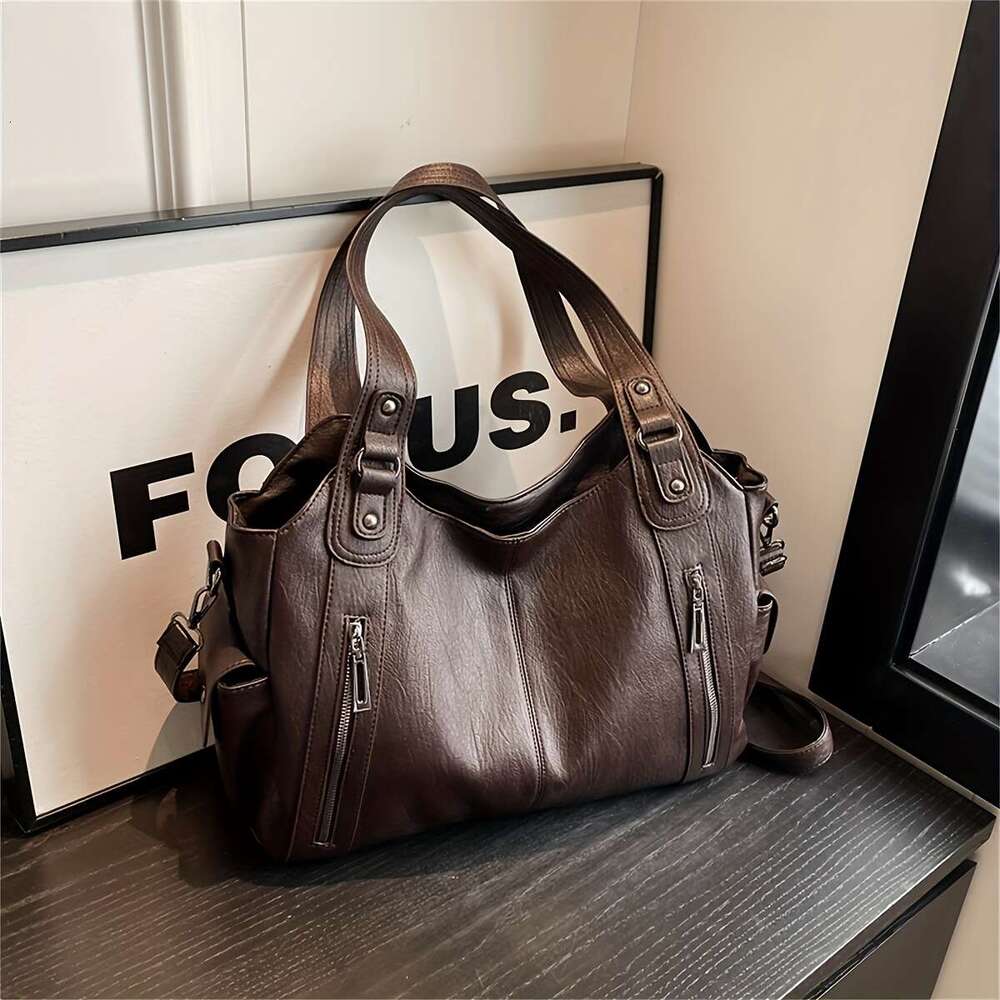 2025 New Women Large Capacity Tote Bag With Adjustable Strap, Multiple Zippered Compartments Front Pocket Brown, Versatile Commuter