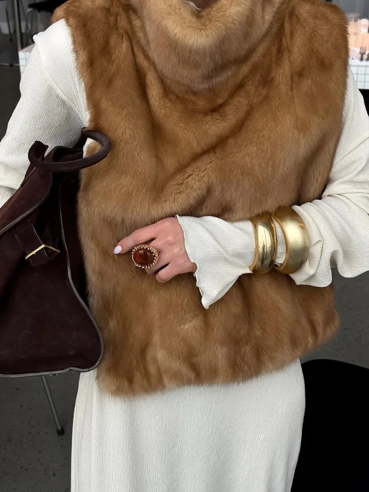 Women Casual Solid Faux Fur Vest Fashion Leisure Sleeveless High Collar Loose Waistcoat Lady Daily Chic Highstreet Vests 251029
