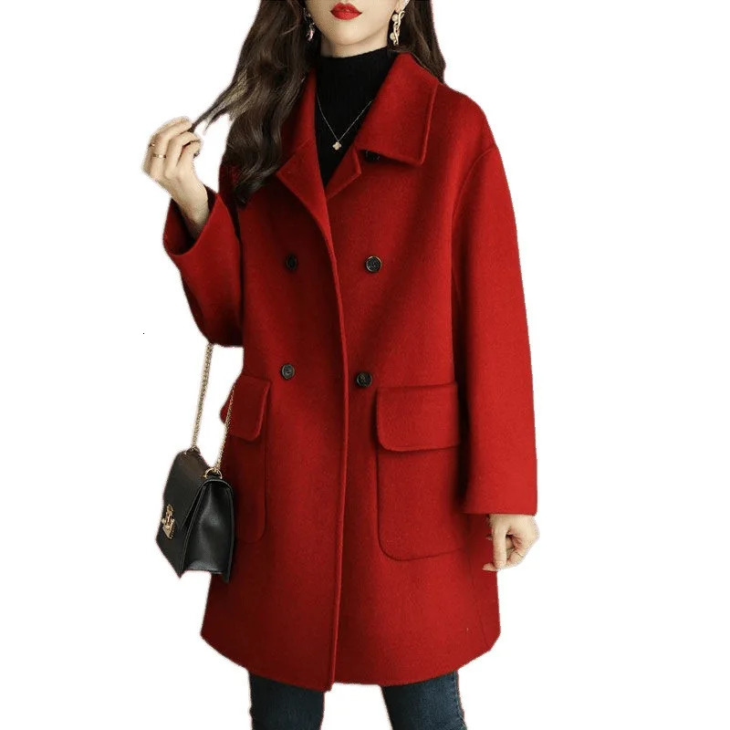 Plus Size Womens Thickened Woolen Coat Of The Season Autumn Winter Style Coffee Color Slimming MidLength Korea 251029