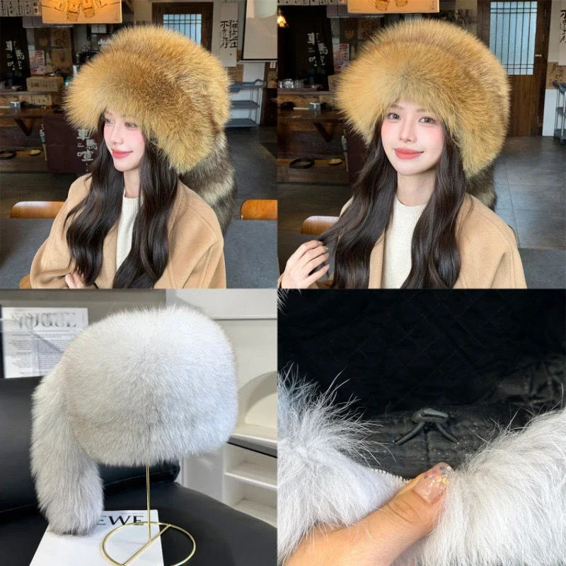 Winter Women Fashion Real Fur Hat Natural Fox Fur Hats Headgear Russian Outdoor Cap Ladies Thicken Warm Fur Caps 251029