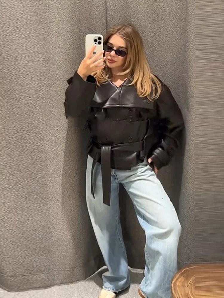 Street Womens Cropped Leather Jackets With Belt Lapel Double Breasted Pockets Full Sleeve Coat 2025 Autumn Lady Vintage Outwear 251029