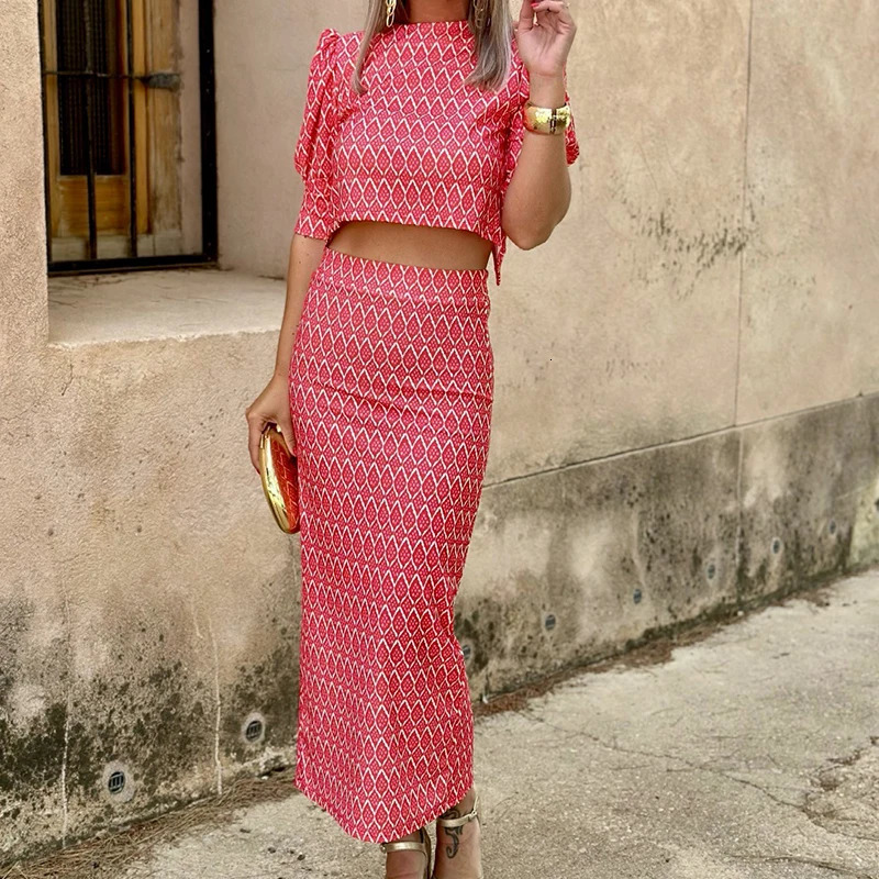 Summer Fashion Slit Skirt Suits Chic Geometry Print Puff Sleeve TopDress Set Temperament O Neck Backless Evening Cloth 2pc 251016