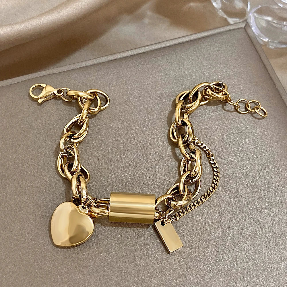 Punk Chunky Gold Color Thick Chain Stainless Steel Bracelets for Women Fashion Heart Love Pendant Wrist Jewelry Gift 251028