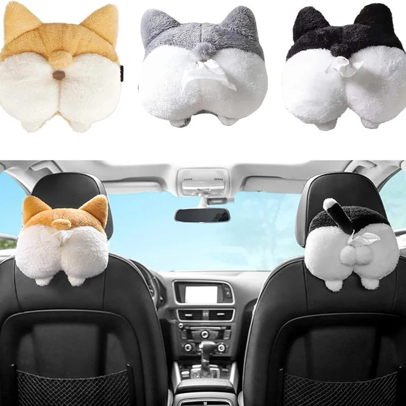 Soft Plush Car Tissue Holder Hanging Car Tissue Box Cover Organizer Cute Corgi Butt Shaped Tissue Holder Box 251029