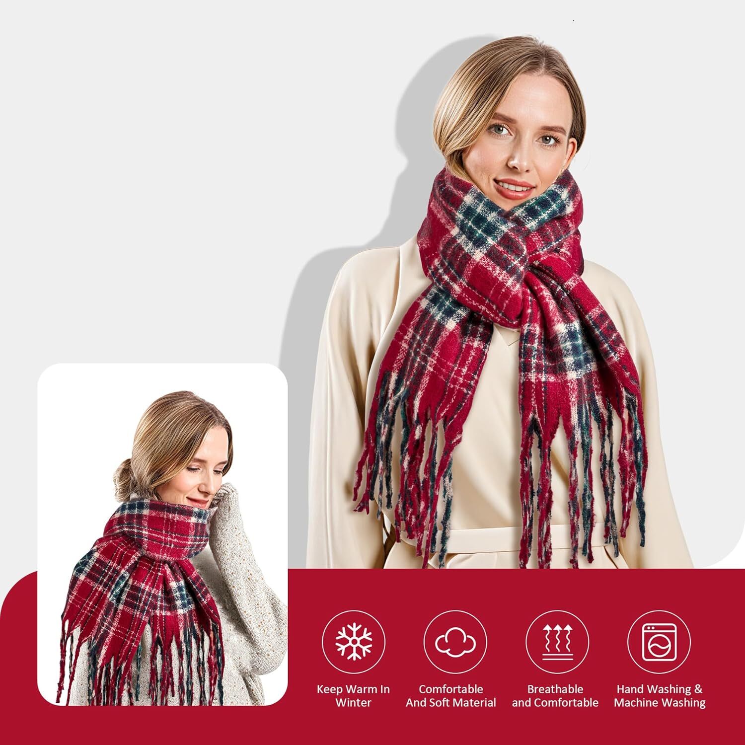 Custom Christmas Winter Checkered with Fringe, Soft Green Red Scarf for Women Men Fashion Tartan Gift Xmas Decor