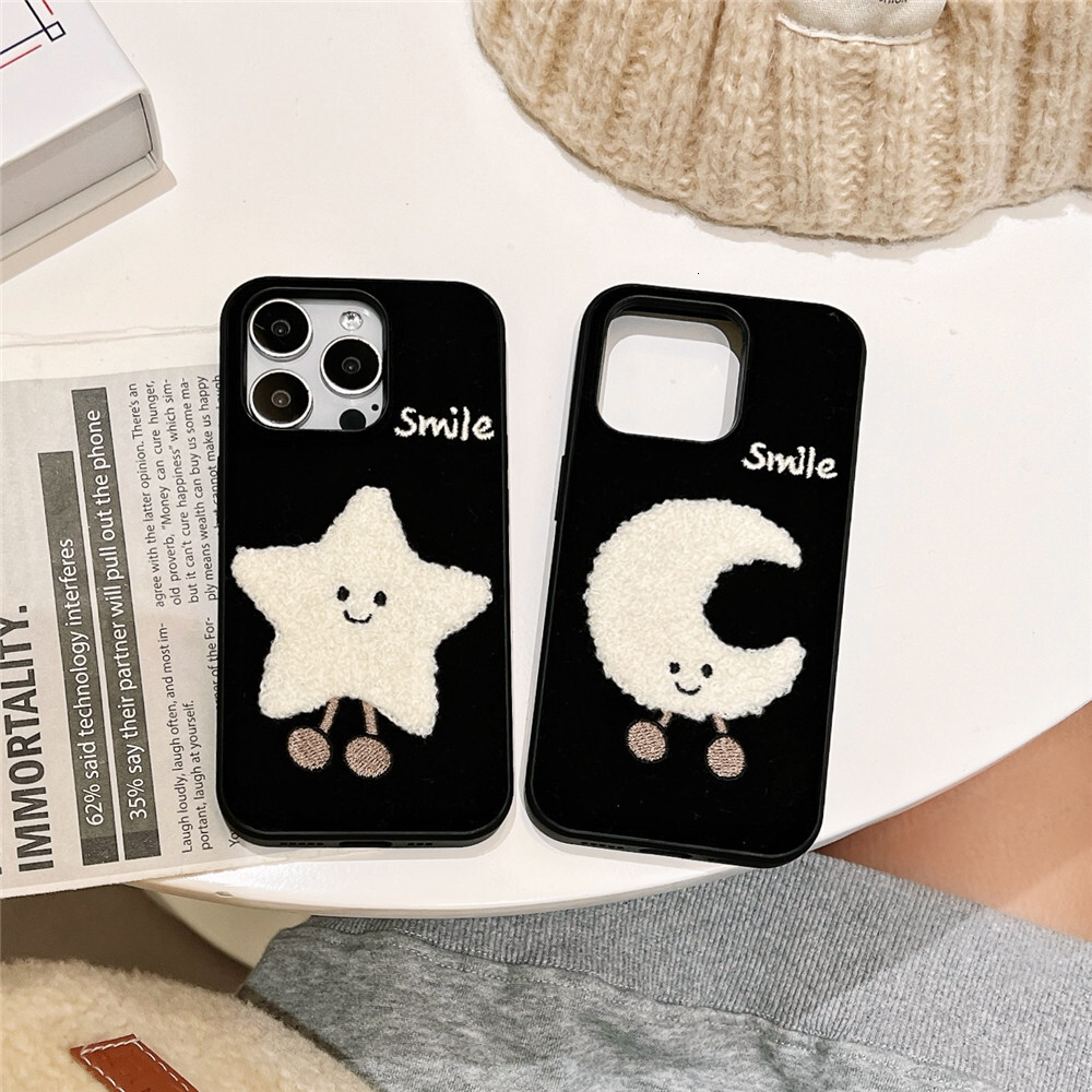 Niche Embroidered Star and Moon Phone Case Compatible with iPhone 17/16/15 Pro Cartoon Protection iPhone 14/13