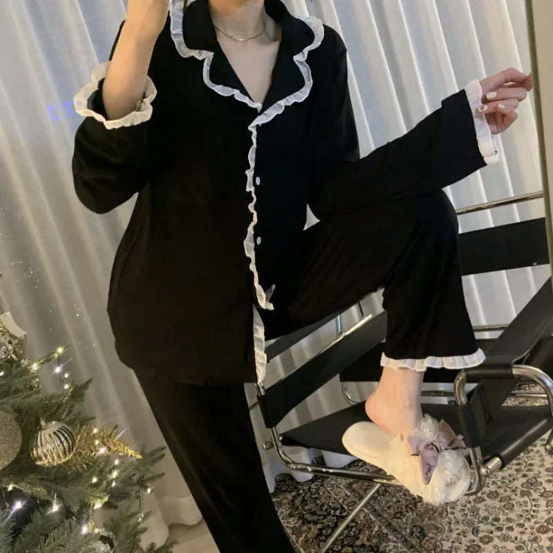 Ladies Pajamas Sexy Lace Long Sleeve Pants Simple Black Spring Summer Cardigan Student Loungewear Plus Size 2 Piece Set 251029
