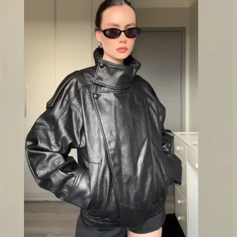 HXAO Black Jacket For Woman Outerwears Faux Leather Long Sleeve In Coats And Jackets Zipper Bomber Motorcycle 251028