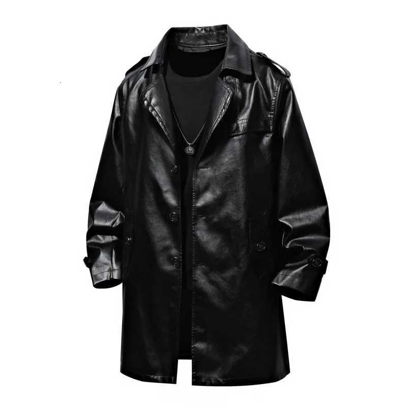 Mens Unisex Black PU Leather Jacket Garment belt American Lapel QIU Season Fashionable Texturized MidLength Loose AllmatchT251029