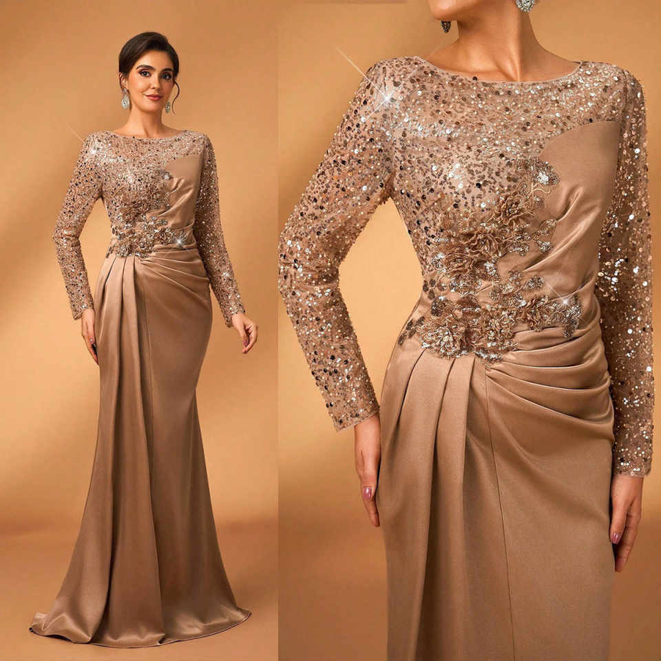 Elegant Sequins Long Sleeve Evening Dresses Mermaid Mother's Dresses 3D Floral Floor Length Formal Party Custom Made