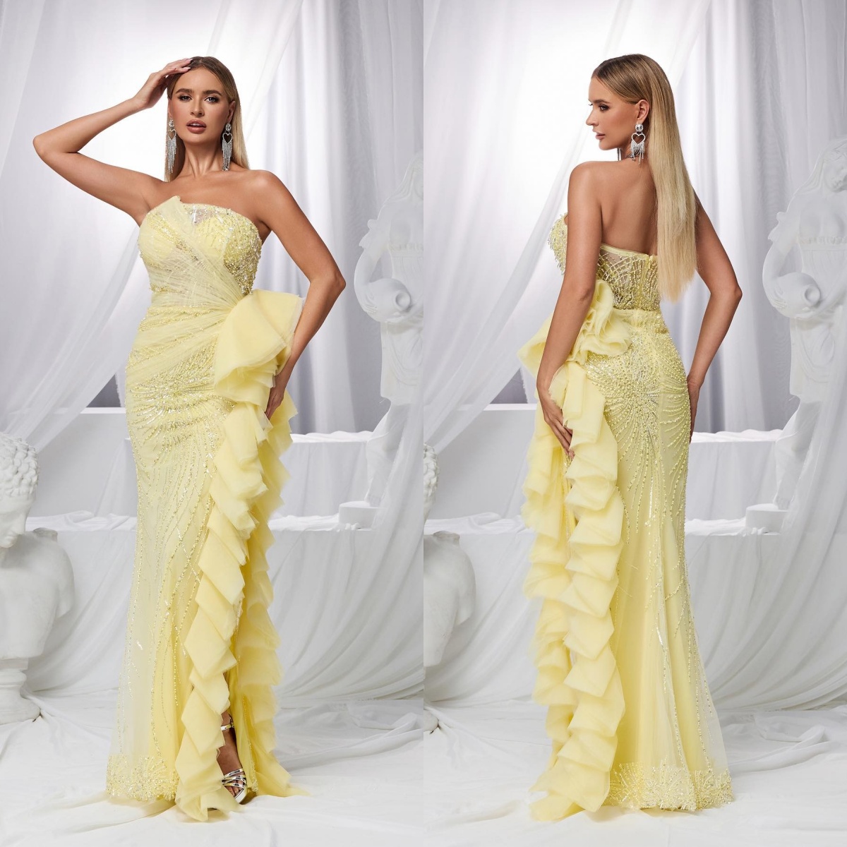 Graceful Evening Dresses Sequins Strapless Prom Gown Ruffle Side Split Mermaid Backless Party Dress Customized Vestidos De Noche Plus Size